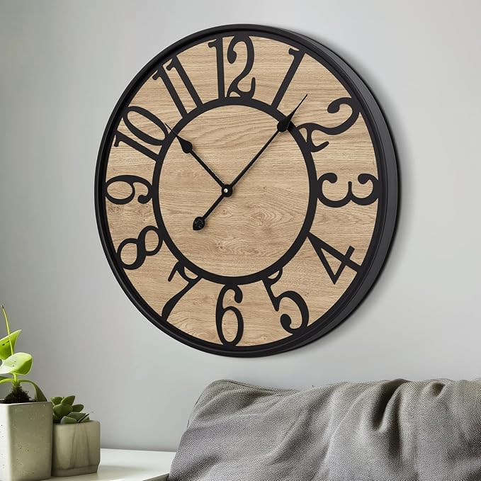 LEIKE Large Wall Clocks Living Room Decor,Non Ticking Silent,Battery Operated Small Round Modern Wood Wall Clock for Bedroom,Kitchen,Farmhouse,Office Vintage Home Decor-16 -Arabic Number