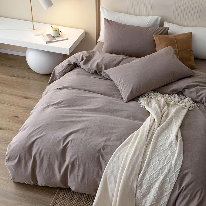 JIYUAN 100% Washed Cotton Duvet Cover Set 3 Pieces Super King, 1 Duvet Cover 108x98 Inches(Comforter Not Included) and 2 Pillowcases,Linen Feel Bedding Set Comfy and Breathable, Heathered Mauve Brown