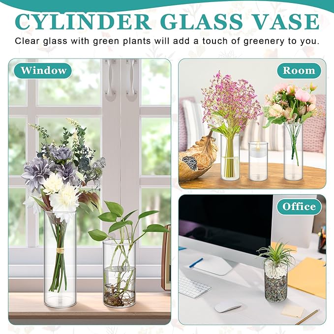 24 Pcs Cylinder Glass Vases Bulk, Tall Clear Flower Vases Transparent Candle Holder for Wedding Table Centerpieces and Home Decoration (6 Inch, 8 Inch, 10 Inch)