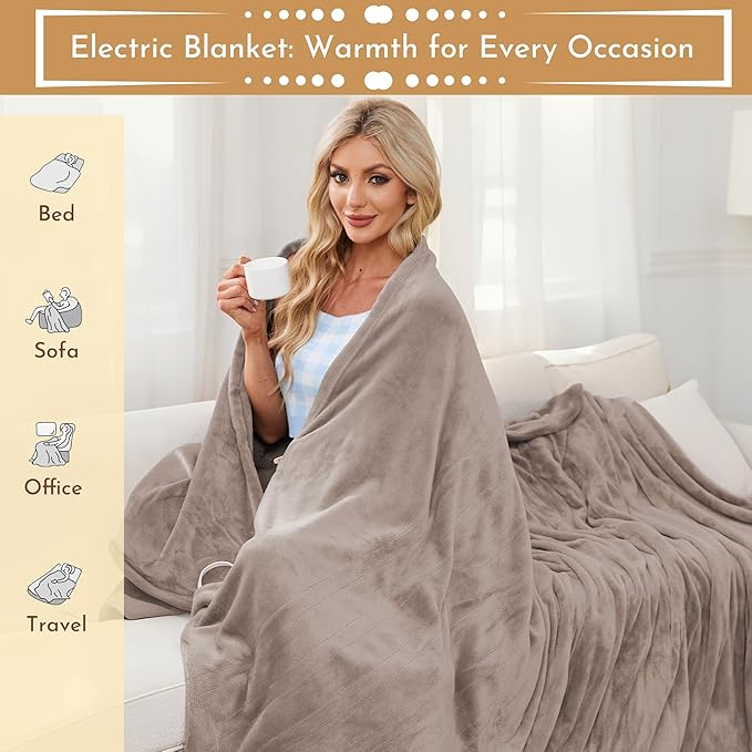 Electric Heated Blanket Microplush Cover Blanket, Full Size 72"x84" with 4 Heat Settings & 10 Hours Auto Off, Cozy & Warm for All Night, Machine Washable, Linen