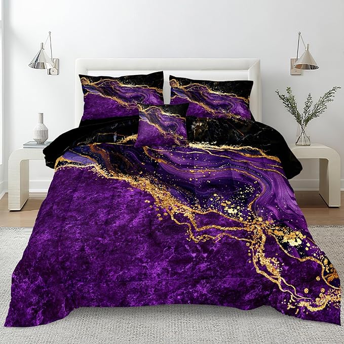 Black Gold Comforter Set Purple Marble Bedding Set King Size Black Marble Stone Abstract Artwork Bedroom Decor Black Marble Comforter Sets for All Season
