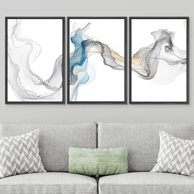 SIGNWIN Framed Canvas Print Wall Art Set Blue Gray Smoke Wave Landscape Abstract Shapes Illustrations Modern Art Decorative Contemporary Colorful for Living Room, Bedroom, Office - 16"x24"x3 Black