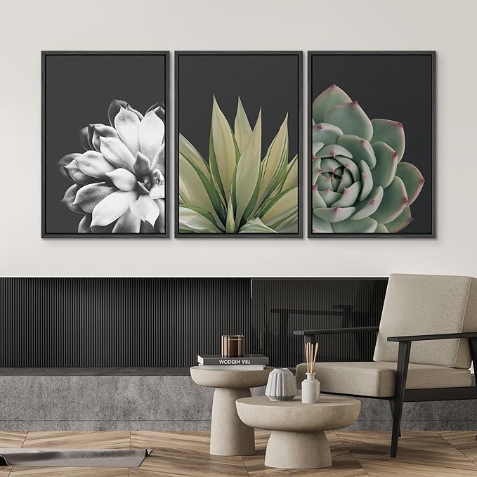 SIGNWIN Framed Wall Art Print Set Echeveria Succulent Variety Nature Plants Photography Modern Art Closeup Relax/Calm Dark Black and White for Living Room, Bedroom, Office - 16"x24"x3 Black
