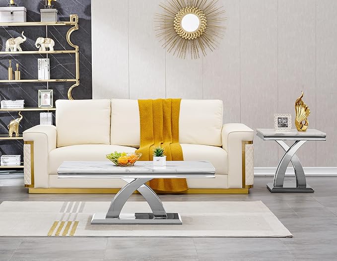 SSLine Rectangular Faux Marble Coffee Table for Living Room Modern Luxury White Marble Center Table with Silver Pedestal Base 46.8" Mid-Century Cocktail Table with Mirrored Stainless Steel Frame