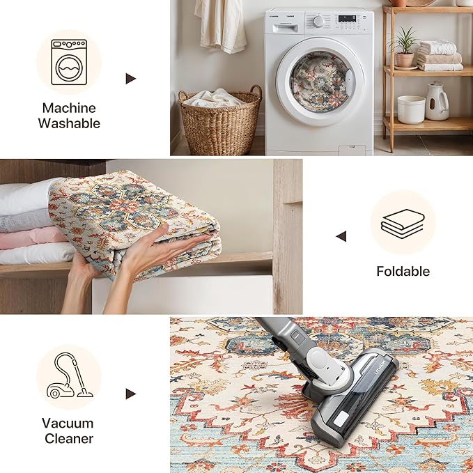 GENIMO 8X10 Area Rugs for Living Room, Machine Washable Vintage Floor Cover Foldable Modern Non Slip Rug, Low Pile Soft Indoor Carpet Floral Print Mat Rug,Bedroom/Dining Room/Home Office,Sky Blue