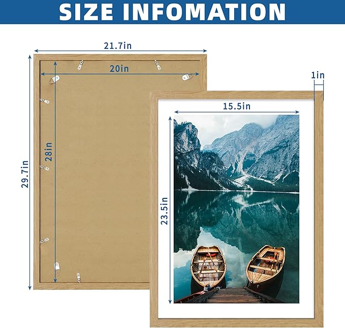 20x28 Picture Frame Set of 2, Natural Oak Wood Style - Display 16x24 Picture with Mat or 20 x 28 Poster without Mat, Wall Mounting Horizontal and Vertical