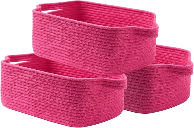 KALLAX Small Woven Basket, 14 x 10 x 5.6 Inches, Small Storage Baskets for Organizing, Gift Baskets Empty, Cute Rope Shelf Closet Storage Bins for Shelves, Dog Toy Basket, Hot Pink
