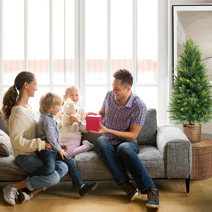 Set of 2 Artificial Cedar Topiary Trees, 3 FT Tall | UV-Resistant for Outdoor & Indoor Use | Lifelike Fake Plants for Front Porch, Patio & Office Decor