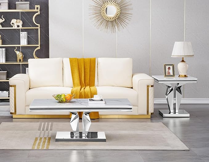SSLine Rectangular Faux Marble Coffee Table for Living Room Modern Luxury White Marble Center Table with Silver Pedestal Base 46.8" Mid-Century Cocktail Table with Mirrored Stainless Steel Frame