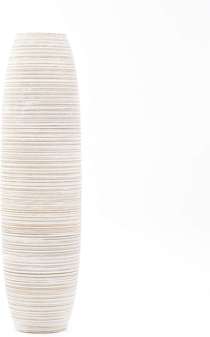 Leewadee Large White Wash Home Decor Floor Vase – Wooden 41 inches Tall Farmhouse Decor Flower Holder for Fake Plant and Pampas Grass