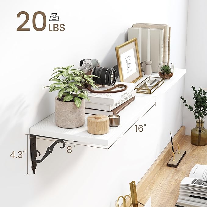16 Inch Deep Floating Shelves for Wall, 8 Inch Deep Floating Shelf with Bracket, White Wall Shelves 16 Inches Long, Wide Display & Storage Shelves for Living Room, Bathroom, Bedroom, White, Set of 2