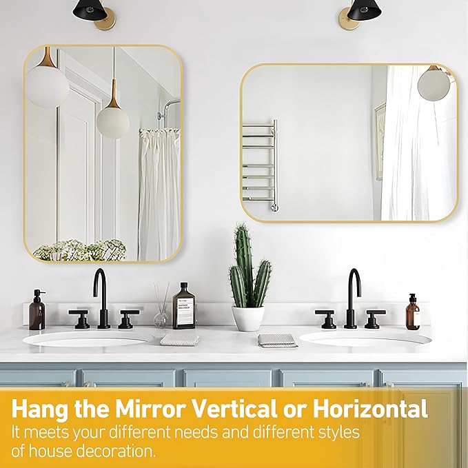 FARMER 20x28 Inch Gold Bathroom Mirrors for Wall, Framed Bathroom Vanity Mirror with Rounded Edge, Brushed Rectangle Mirrors for Bathroom for Washroom, Living Rooms, Hangs Horizontally or Vertically
