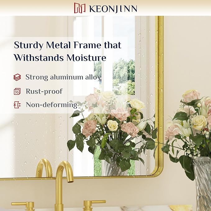 Keonjinn Gold Bathroom Mirrors for Over Sink 42” x 36” Large Brushed Brass Metal Framed Mirror, Rounded Rectangle Bathroom Vanity Mirror, HD Tempered Glass Modern Mirror for Wall(Horizontal/Vertical)