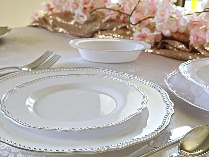 " OCCASIONS " 240 Plates Pack,(120 Guests) Heavyweight Premium Disposable Plastic Plates Set -120 x 10.25'' Dinner + 120 x 7.5'' Salad/Dessert (Rochelle White and Silver)