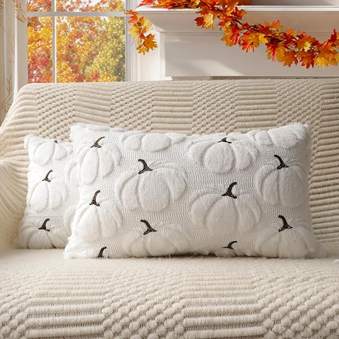 4TH Emotion Fall Pumpkins Decorative Lumbar Pillow Covers 12x20 Set of 2, White Soft Plush Faux Fur Wool Farmhouse Throw Cushion Cases for Autumn Thanksgiving Holiday Home Decorations