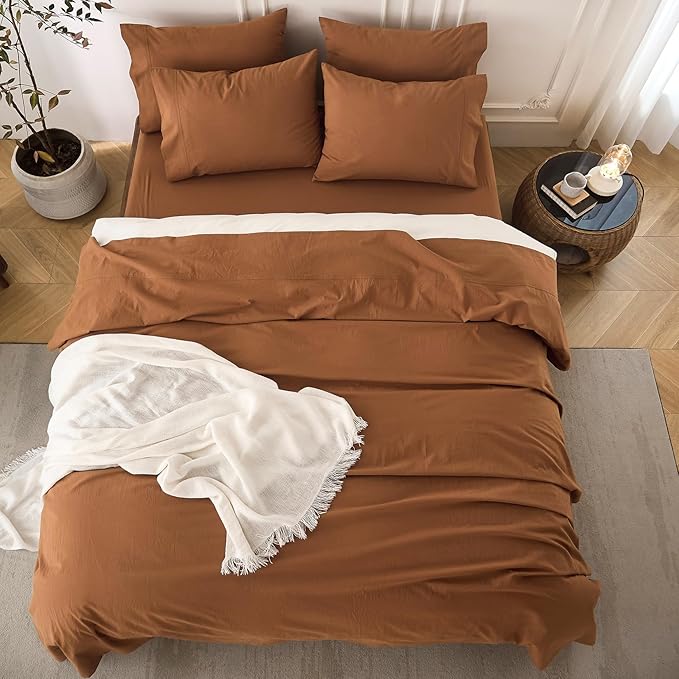 6PS Linen Like Bedding Sheet Sets Deep Orange King Size Cotton Bedding Set Oeko-TEX Standard 100% Washed Cotton Deep Pocket King Size Fitted Sheet Plus Cozy Flat Sheet and 4 Pillowcases