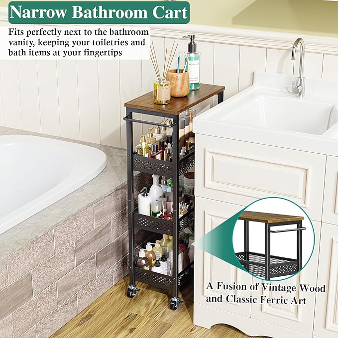 Utility Slim Storage Cart, 4-Tier Narrow Bathroom Organizer and Storage Cart, Metal Narrow Kitchen Laundry Room Organization Rack with Wood Top, Slim Rolling Shelf with Wheels for Small Space