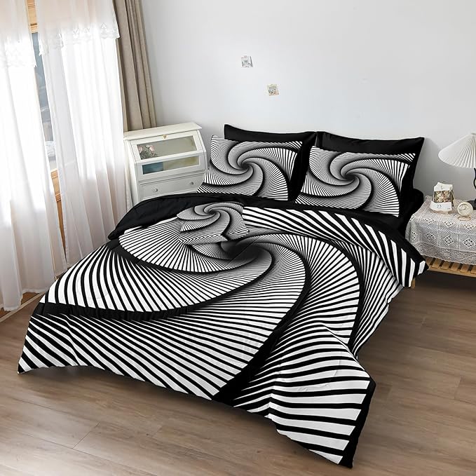 Bedorm Black White Comforter Set 3D Abstract Bedding Set Queen Vortex Stripe Geometric Comforter Trippy Psychedelic Bedding Comforter Black Bed in A Bag