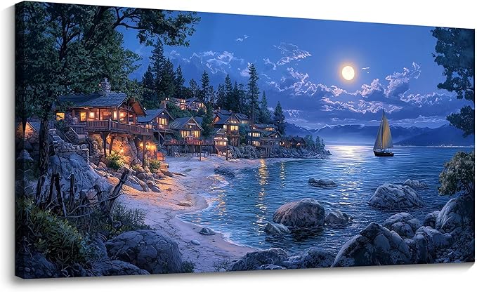 CHATYOUNG Beach Canvas Wall Art - Large 24x48 IN Dark Blue Ocean Town Calm Night View Moon Pictures Canvas Print Coastal Wall Paintings for Bedroom Living Room Kitchen Home Office Decor