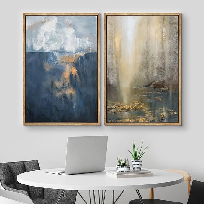 MUDECOR Framed Canvas Print Wall Art Set Pastel Paint Stroke Landscapes Abstract Shapes Illustrations Modern Art Decorative Bohemian Calm/Zen for Living Room, Bedroom, Office - 16"x24"x2 Natural