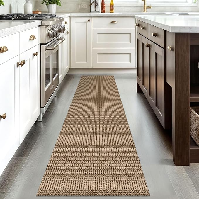 IOHOUZE Washable Runner Rug 2'x8' Rubber Backing Hallway Runner Entryway Runner Indoor, Kitchen Rugs Woven Cotton Floor Carpet for Kitchen Hall Entrance Bedroom, Tan/Brown