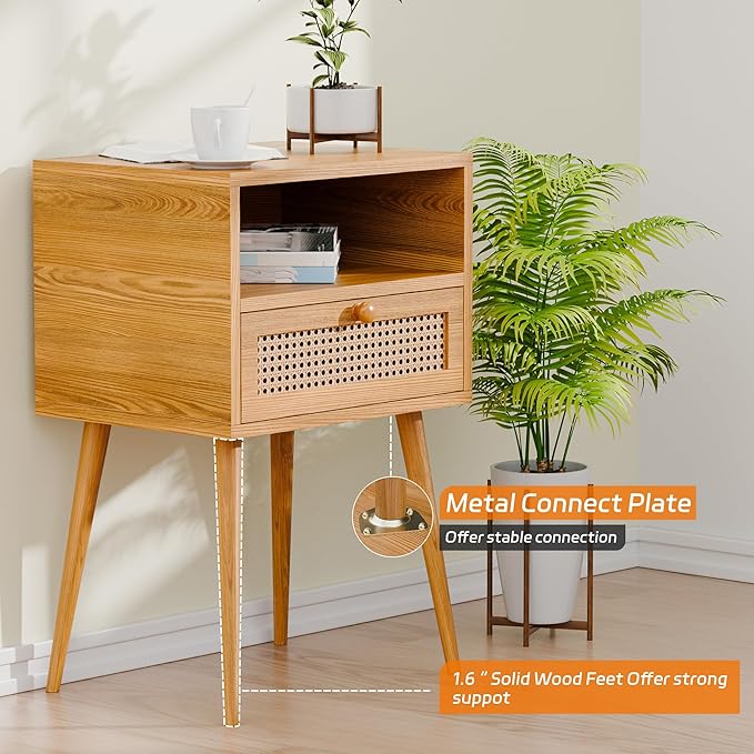 Nightstand Bedside Table Small Nightstand with Drawers Rattan Side Table End Tables Bedroom Wood Mid Century Modern Nightstands