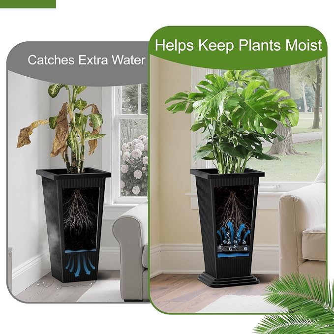 24-Inch Tall Planters Set of 2 for Outdoor and Indoor Use,Tapered Flower Pots with Drainage Tray, Front Porch and Patio Decor,Ideal for Large Plants (Stripes-Black)