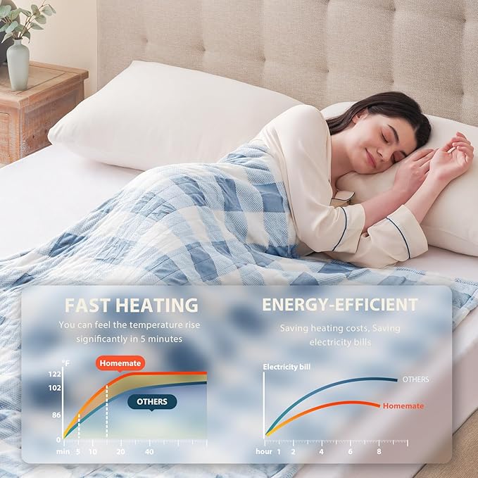 Homemate Electric Blanket Heated Queen Size - 84“x90“ Ultra Soft Cozy Flannel Heating Blanket with 10 Fast Heat Levels 8 Hours Auto Off Over-Heated Protection ETL Certification Keep Warm in Home
