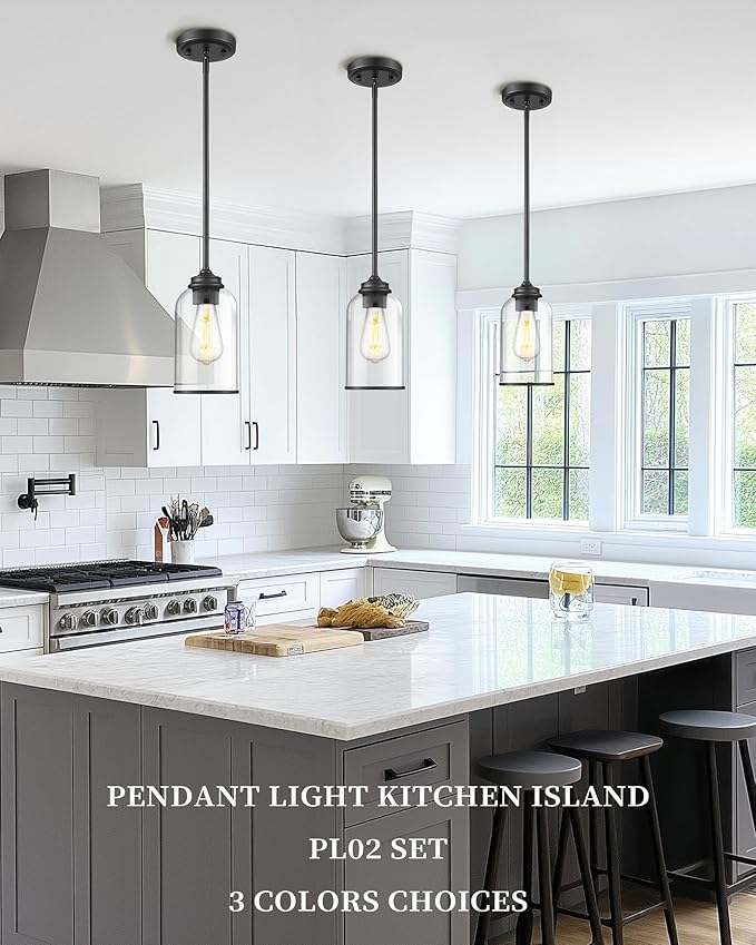 LIROUVET 2 Pack Pendant Lights Kitchen Island, Modern Pendant Lights, Black Hanging Lamp with Clear Glass, Industrial Pendant Light Fixtures for Dining Room PL02 CLBK-2PK
