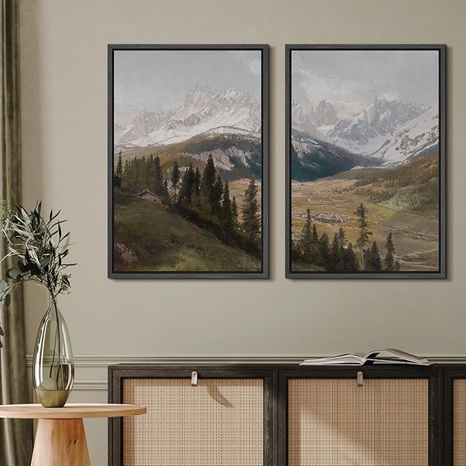 MUDECOR Framed Canvas Print Wall Art Alpine Meadow and Mountain Range Rustic Cabin Nature Nature Wilderness Illustrations Realism Decorative Scenic for Living Room, Bedroom, Office - 16"x24"x2 Black