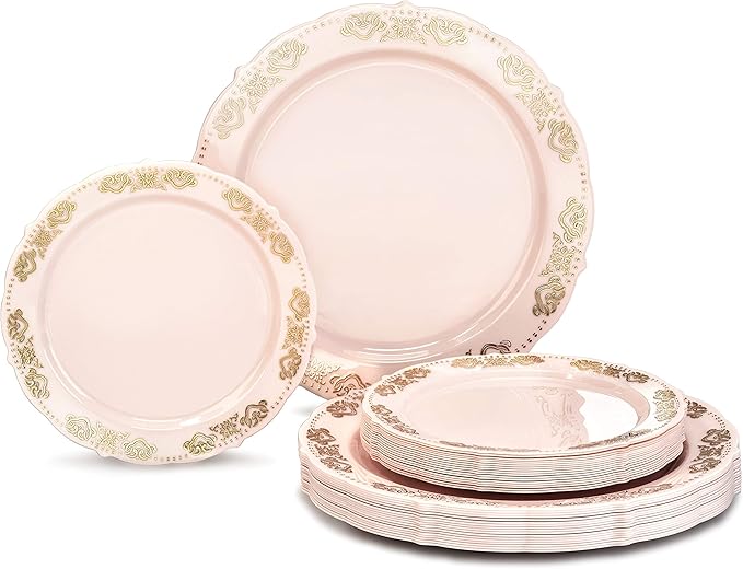 " OCCASIONS " 50 Plates Pack (25 Guests) Vintage Wedding Party Disposable Plastic Plate Set -25x10.25'' Dinner +25x7.5'' Salad/Dessert plates (Portofino Light Pink & Gold Accents)