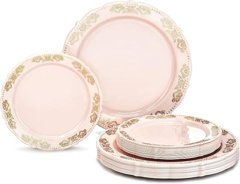 " OCCASIONS " 240 Plates Pack,(120 Guests) Vintage Wedding Party Disposable Plastic Plates Set-120x10.25'' Dinner +120x7.5'' Salad/Dessert Plate (Portofino Light Pink/Blush & Gold)