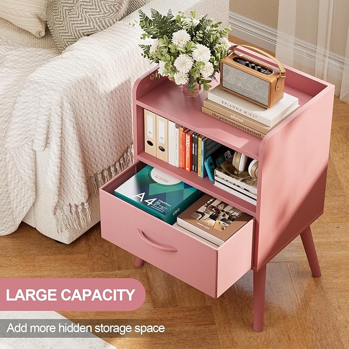 NightStand with Open Shelf,Night Stand with Drawer Storage Side Tables End Table,Bedside Table with Solid Wood Feet,Mid Century Night Stands for Bedroom Sofa Couch Small Spaces (Pink)