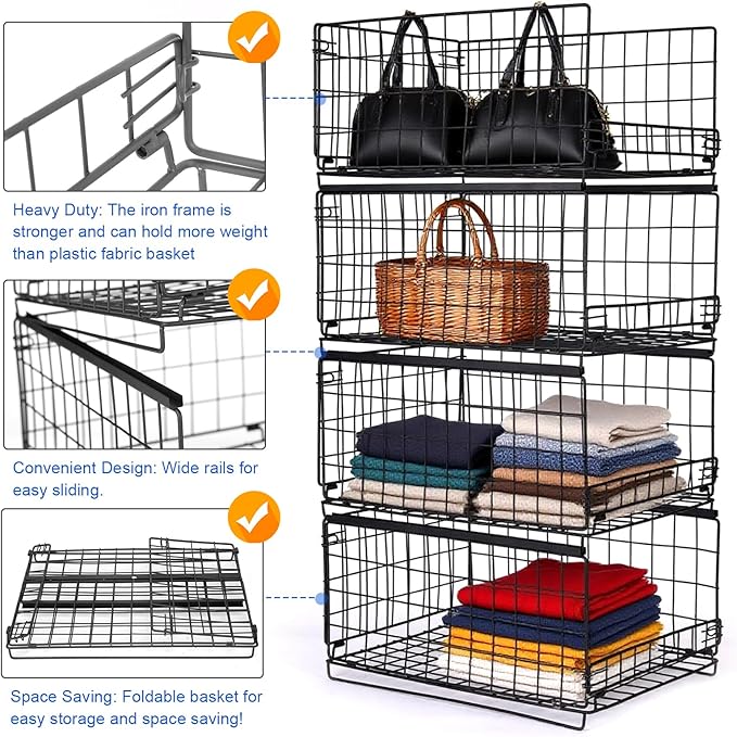 4-Tier Stackable Closet Storage Organizers, Storage Shelves, Clothes Basket, Clothes Shelf Organizer for Living Room Wardrobe Kitchen Bathroom Office, Black