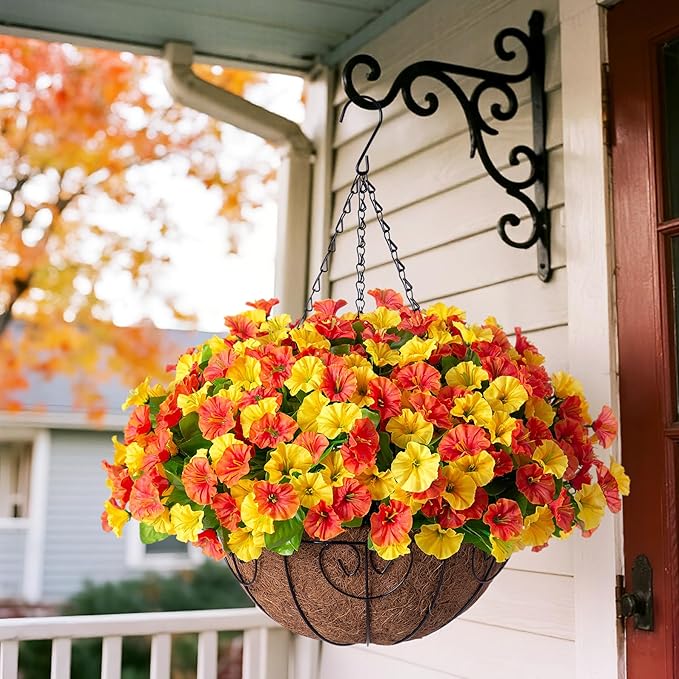 Artificial Hanging Flowers with Basket, Faux Silk Petunias Flower Arrangement, Coconut Lining with Morning Glories Fake Plants Patio Garden Porch Deck Fall Decor(Orange Yellow)
