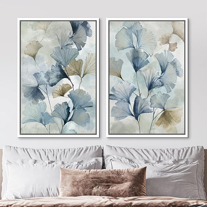 MUDECOR Framed Canvas Print Wall Art Blue Ginkgo Flower Illustrations Modern Art Decorative Bohemian Colorful Chic for Living Room, Bedroom, Office - 24"x36"x2 White