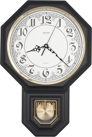JUSTIME Traditional Schoolhouse Classic Vintage Arabic Regulator Wall Clock, Chiming Wall Clocks with Pendulum & Westminster Chime Hourly, Schoolhouse Wall Decor Battery Operated (Matte Black)