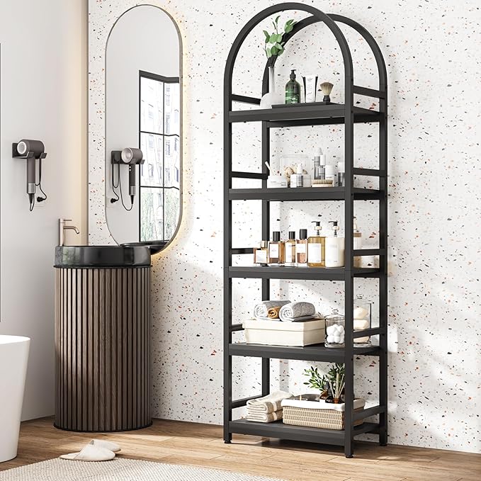 Tribesigns 5-Tier Open Bookshelf Set of 2, 74.4" Wood Bookcase Storage Shelves with Metal Frame, Freestanding Display Rack Tall Shelving Unit for Office, Bedroom, Living Room (Black, 2PCS)