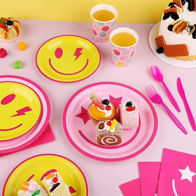 400 Pieces Preppy Smiley Face Party Tableware Set Paper Smile Face Plates Napkins Paper Cups Cutlery for Preppy Birthday Party Decorations Baby Shower Decor, Serve 50 Guest