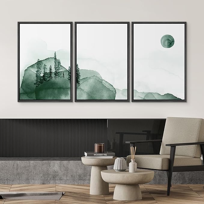 SIGNWIN 3 Piece Framed Canvas Wall Art Green Watercolor Landscape with Moon Nature Wilderness Illustrations Abstract Traditional Home for Living Room,Bedroom - 16"x24"x3 Black