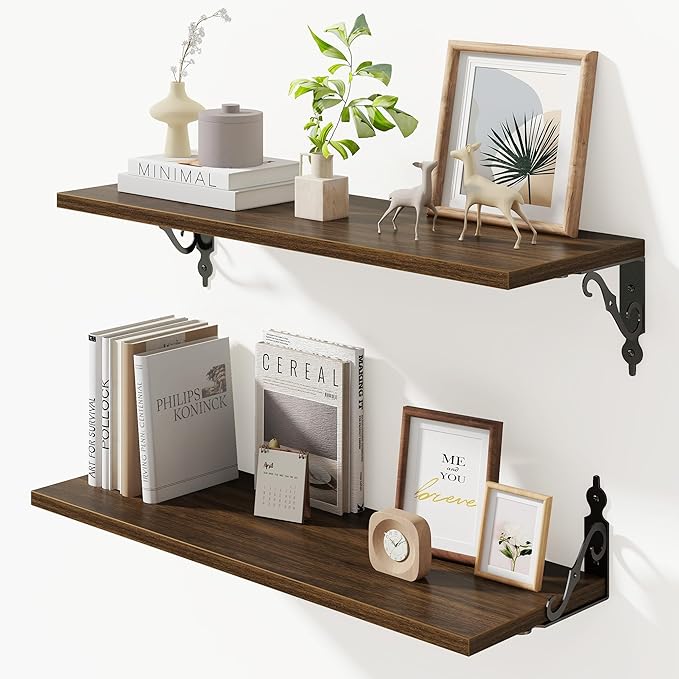 Floating Shelves for Wall, 24"W x 8"D Wall Shelves, 8 Inch Deep Floating Shelf with Bracket, 24 Inch Floating Shelves for Living Room and Bathroom, Display & Storage Shelves, Walnut, Set of 2