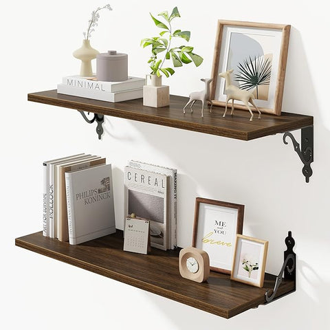 Floating Shelves for Wall, 24"W x 8"D Wall Shelves, 8 Inch Deep Floating Shelf with Bracket, 24 Inch Floating Shelves for Living Room and Bathroom, Display & Storage Shelves, Walnut, Set of 2