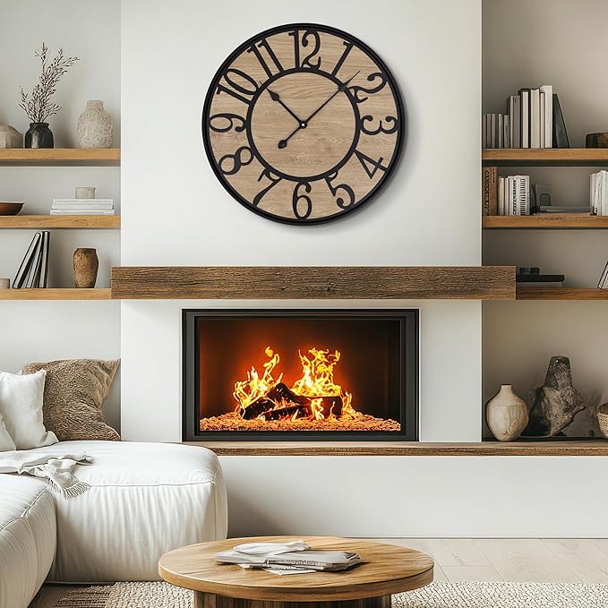 LEIKE Large Wall Clocks Living Room Decor,Non Ticking Silent,Battery Operated Small Round Modern Wood Wall Clock for Bedroom,Kitchen,Farmhouse,Office Vintage Home Decor-24-Arabic Number