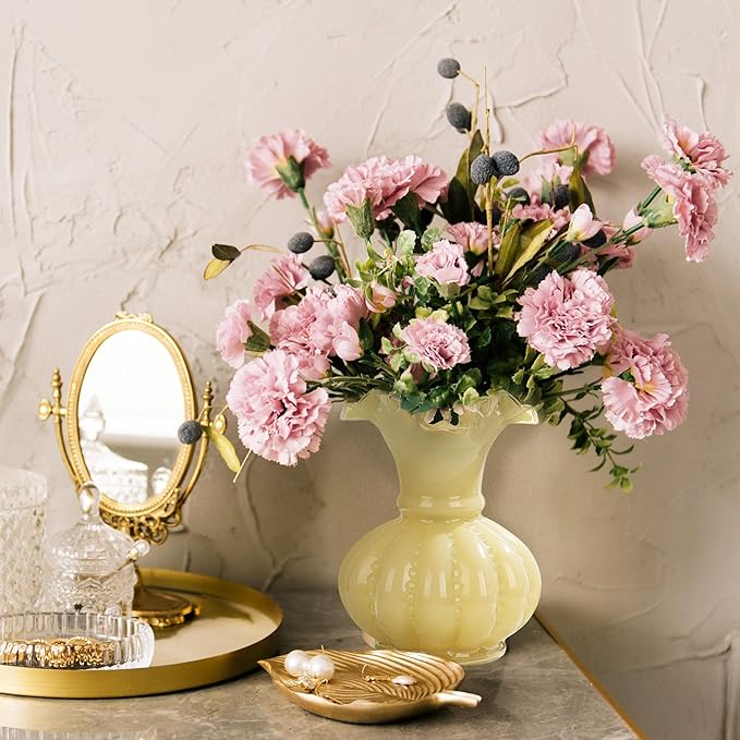 Joeyan Handmade Yellow Glass Flower Vase,7.9" Vintage Decorative Urn Vase for Centrepieces Bouquet Wedding,Colored Thickened Pedestal Vase Decorations for Rustic Home Living Room Office Farmhouse