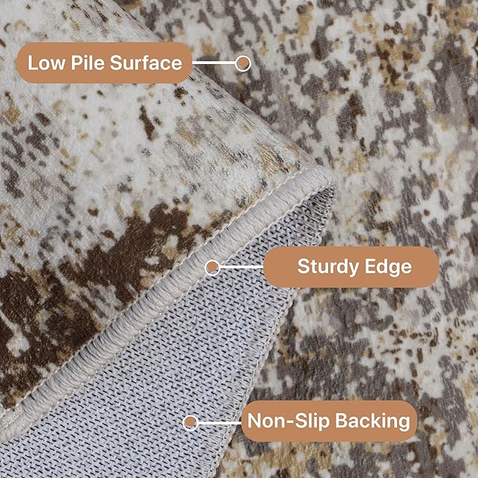 GENIMO Washable Area Rugs for Living Room Bedroom, 10x12 Modern Abstract Non Slip Rug, Low Pile Soft Contemporary Indoor Floor Carpet Cover for Dinning Room Kitchen, Brown