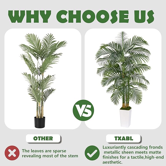 Artificial Golden Cane Palm Tree 7FT, Fake Palm Tree with Three Realistic Trunks and Lifelike Palm Leaves, Faux Palm Plant for Indoor Home Décor with White Planter
