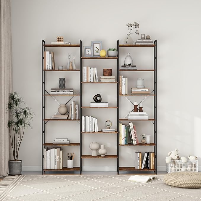 Panana Triple 4/5/6 Tier Bookshelf, Industrial Bookcase with 11/14/17 Open Display Shelves Wide Book Shelf Book Case with Metal Frame for Living Room Home Office (Brown, 6 Tier)