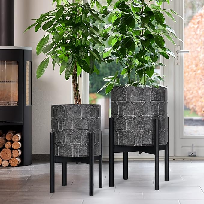 Oakrain Planters for Indoor Plants, Set of 2 Modern Planter with Stand, Decorative Metal Planter Pots for Living Room, Office, Garden, Balcony, 8"&10", Paint Black