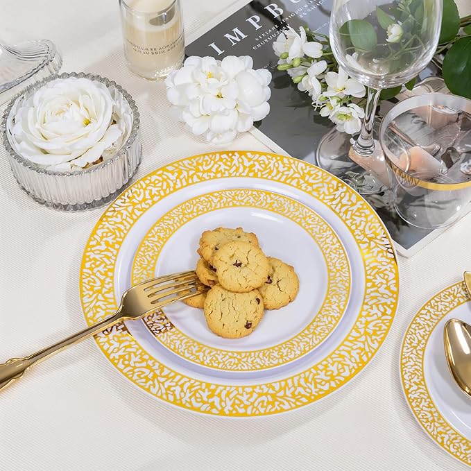 Festiva 350PCS Gold Plastic Dinnerware Set - Disposable Lace Gold Plates and Napkins Party Supplies - include plates,napkins,cups,silverware - Serve for 50 guests Party&Wedding&Easter