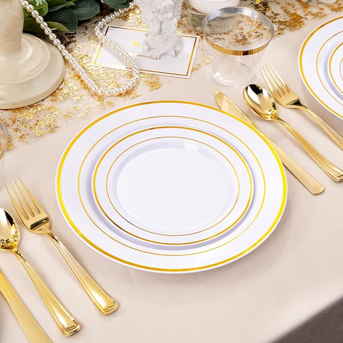 bUCLA 300PCS Gold Disposable Dinnerware Set - White and Gold Plastic Plates 50 Guests - Include 50 Dinner Plates,50 Dessert Plates,50 Knives,50 Forks,50 Spoons,50 Cups for Party, Fall & Thanksgiving